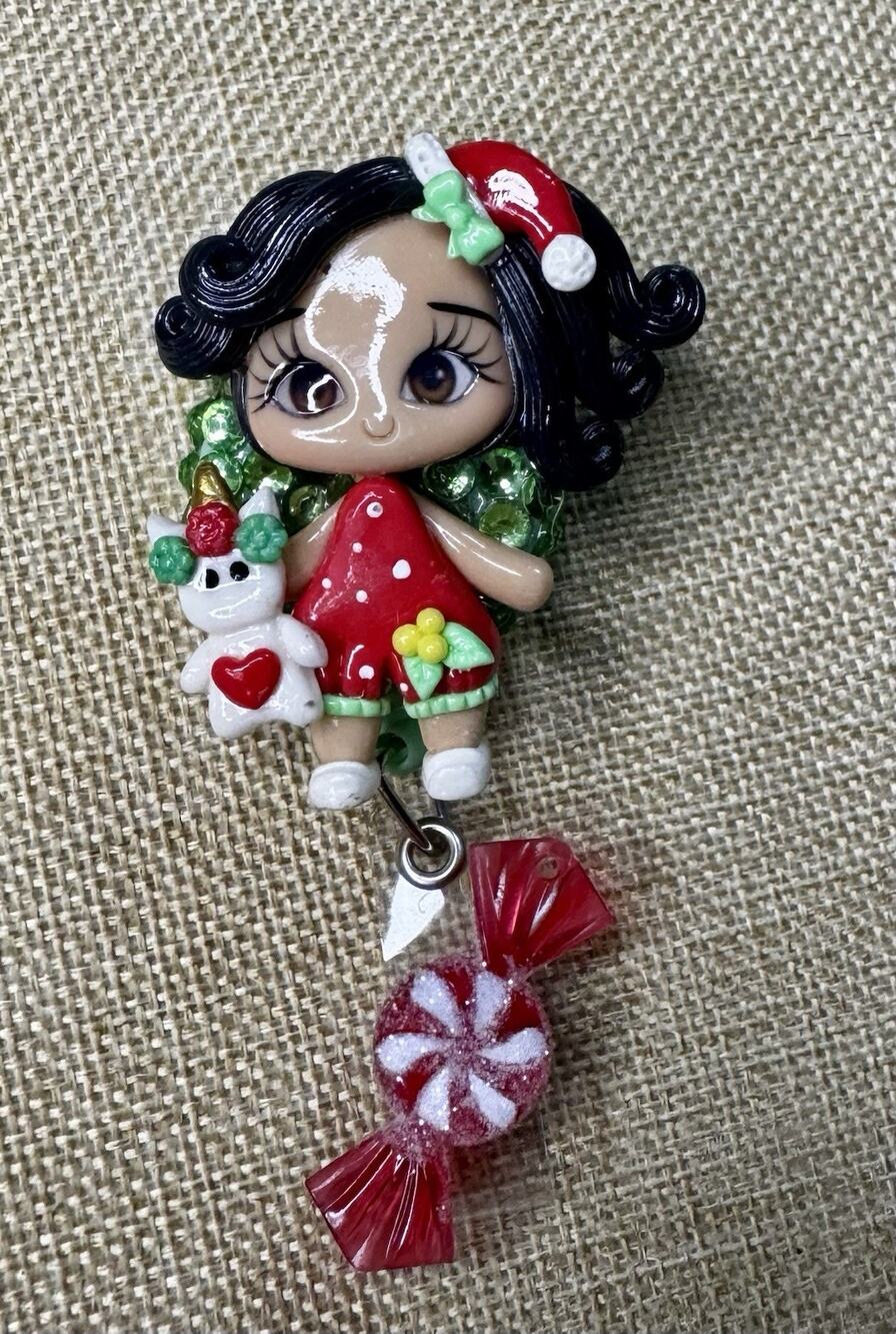 Christmas Girl With Unicorn On Green Rhinestone Retractable Badge Reel Handmade